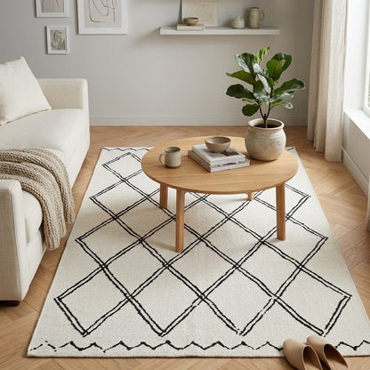 Tapis Berbère Beni Ouarain écru losanges double contour noir ambiance salon – Berbère Tapis