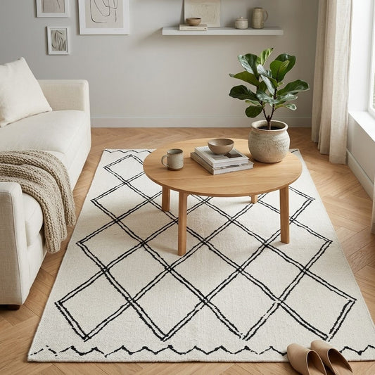 Tapis Berbère Beni Ourain écru losanges double contour noir ambiance salon – Berbère Tapis