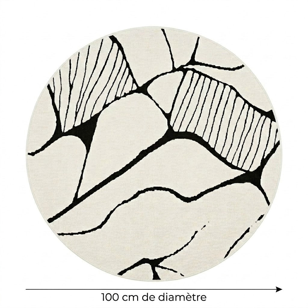 Tapis Berbère Beni Ourain rond lignes organiques écru noir diamètre 100 cm – Berbère Tapis