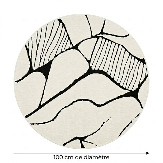 Tapis Berbère Beni Ourain rond lignes organiques écru noir diamètre 100 cm – Berbère Tapis