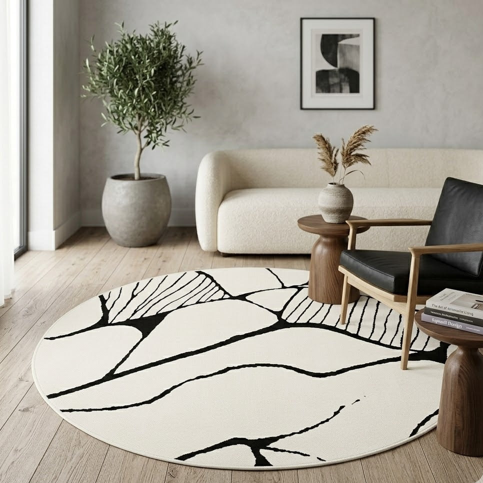 Tapis Berbère Beni Ourain rond écru noir ambiance salon minimaliste parquet – Berbère Tapis