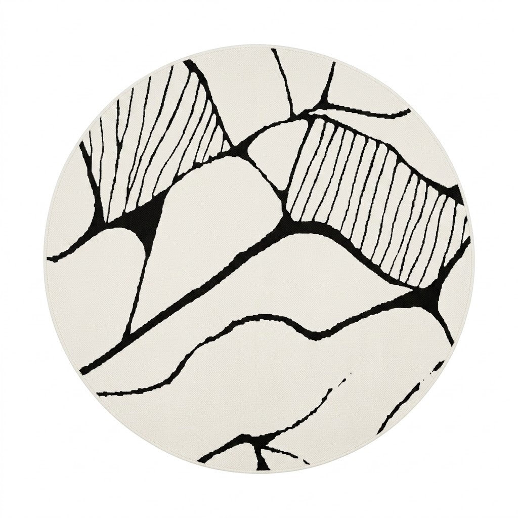 Tapis Berbère Beni Ourain rond lignes organiques noires fond écru vue de face – Berbère Tapis