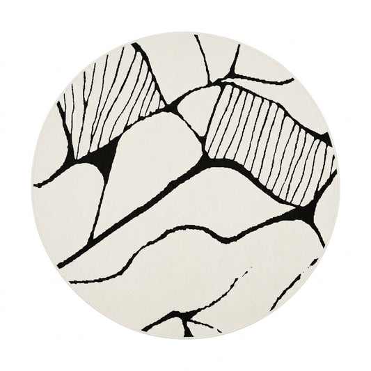 Tapis Berbère Beni Ourain rond lignes organiques noires fond écru vue de face – Berbère Tapis