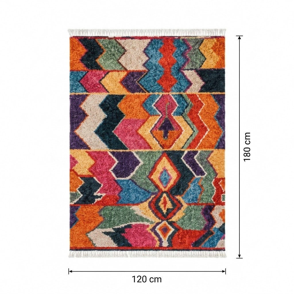 Tapis Berbère Azilal multicolore 120x180 cm chevrons losanges touffeté à franges – Berbère Tapis