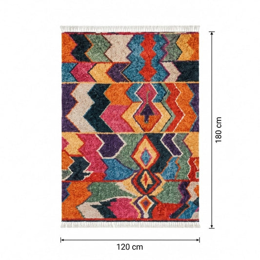 Tapis Berbère Azilal multicolore 120x180 cm chevrons losanges touffeté à franges – Berbère Tapis