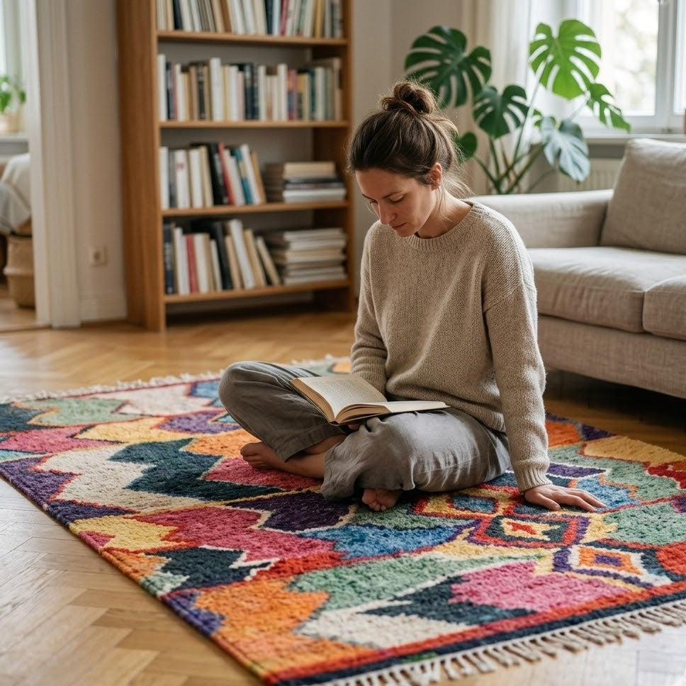 Tapis Berbère Azilal multicolore chevrons losanges à franges ambiance coin lecture – Berbère Tapis