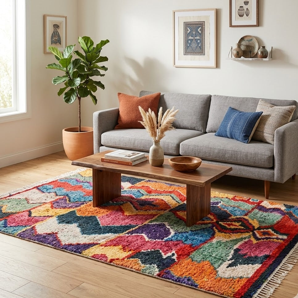Tapis Berbère Azilal multicolore chevrons losanges à franges ambiance salon – Berbère Tapis