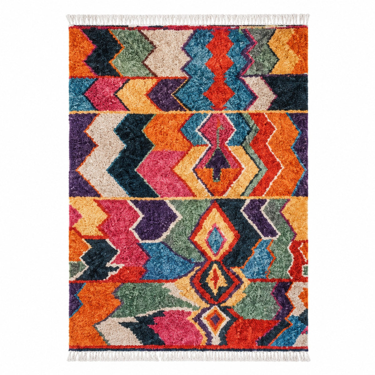 Tapis Berbère Azilal multicolore motif chevrons losanges bandes horizontales vue de face – Berbère Tapis