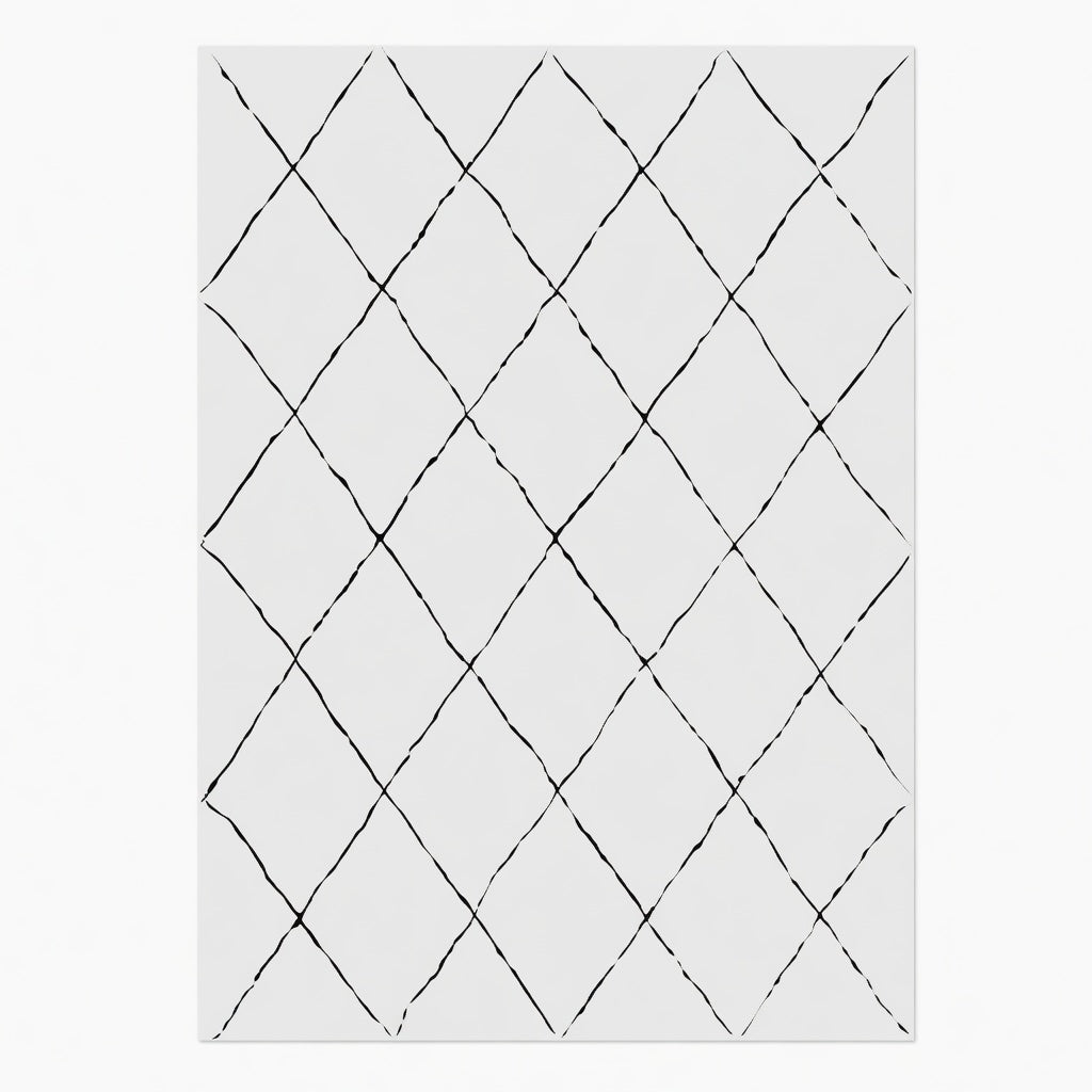 Tapis Berbère Beni Ourain blanc écru résille losanges noir touffeté vue de face – Berbère Tapis