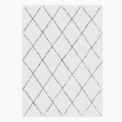 Tapis Berbère Beni Ouarain blanc écru résille losanges noir touffeté vue de face – Berbère Tapis