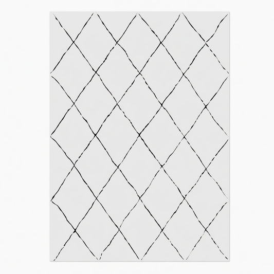 Tapis Berbère Beni Ourain blanc écru résille losanges noir touffeté vue de face – Berbère Tapis