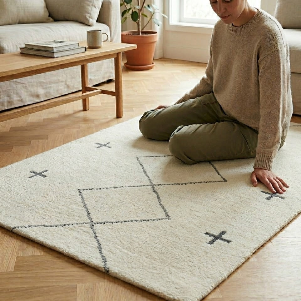 Tapis Berbère Beni Ourain écru gris losanges croix ambiance salon parquet – Berbère Tapis