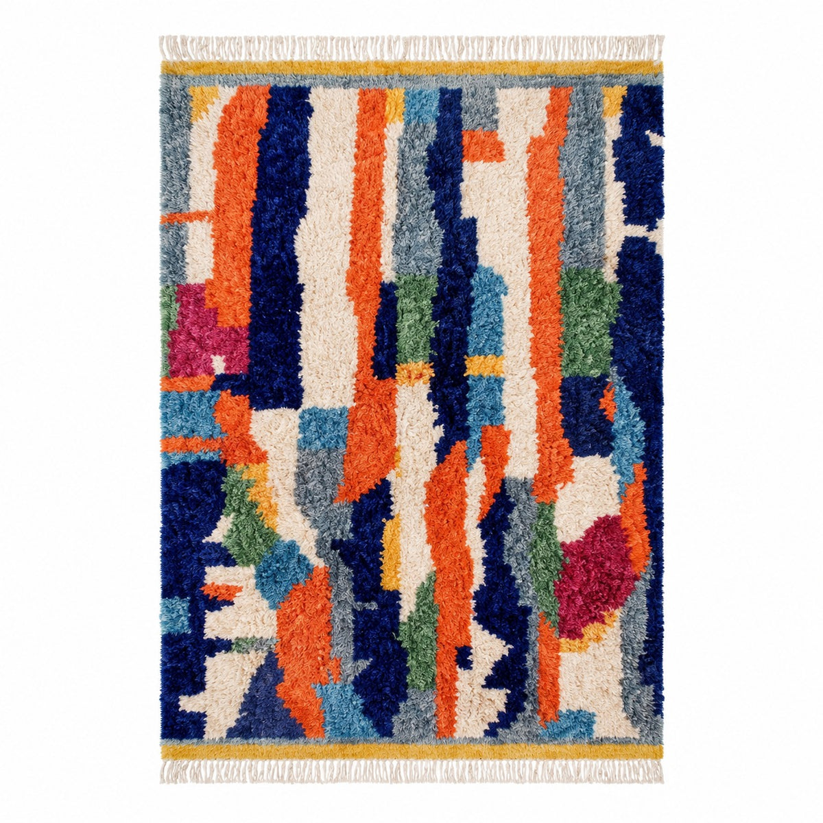 Tapis Berbère Boujad bandes abstraites bleu orange écru longue pile vue de face – Berbère Tapis