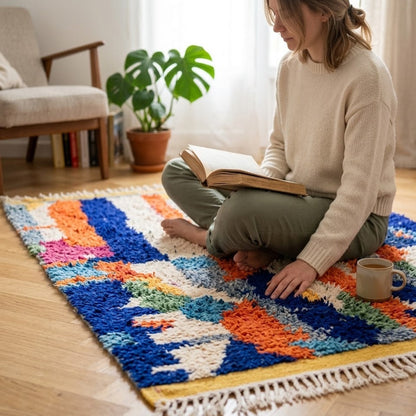 Tapis Berbère Boujad bandes abstraites multicolores à franges ambiance coin lecture – Berbère Tapis