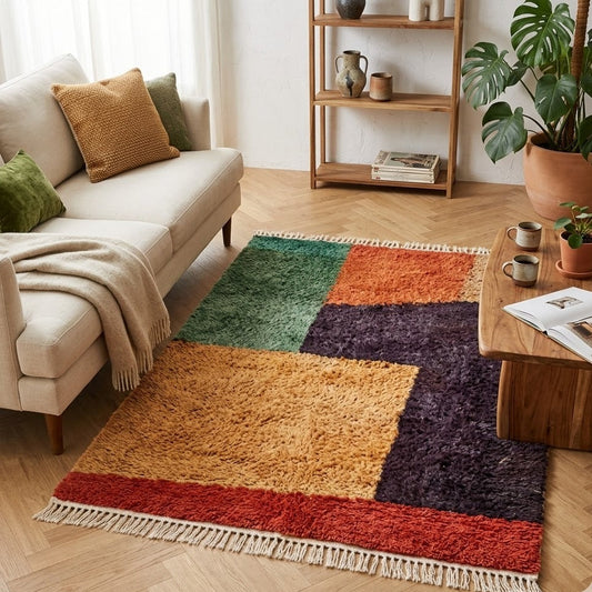 Tapis Berbère Boujad blocs géométriques multicolores à franges en ambiance salon – Berbère Tapis