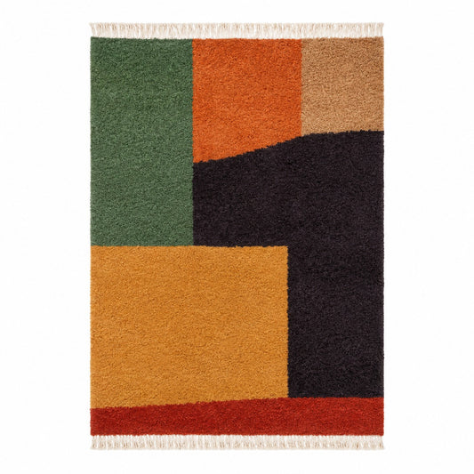 Tapis Berbère Boujad blocs vert orange ocre noir rouge brique vue de face – Berbère Tapis
