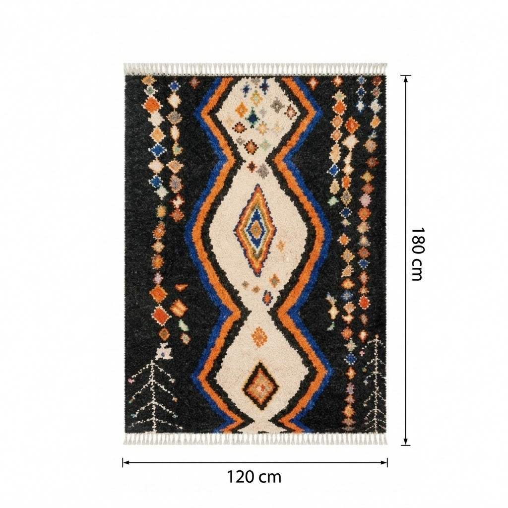 Tapis Berbère Mrirt noir orange 120x180 cm médaillon zigzag touffeté à franges – Berbère Tapis