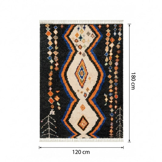 Tapis Berbère Mrirt noir orange 120x180 cm médaillon zigzag touffeté à franges – Berbère Tapis