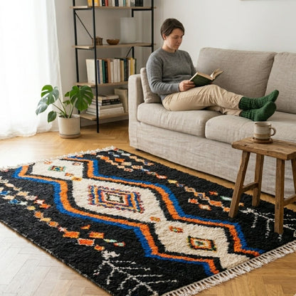 Tapis Berbère Mrirt noir orange médaillon zigzag à franges ambiance lecture – Berbère Tapis