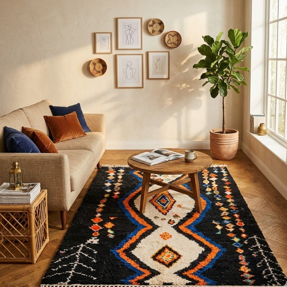 Tapis Berbère Mrirt noir orange médaillon zigzag à franges ambiance salon – Berbère Tapis