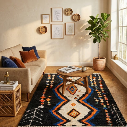 Tapis Berbère Mrirt noir orange médaillon zigzag à franges ambiance salon – Berbère Tapis
