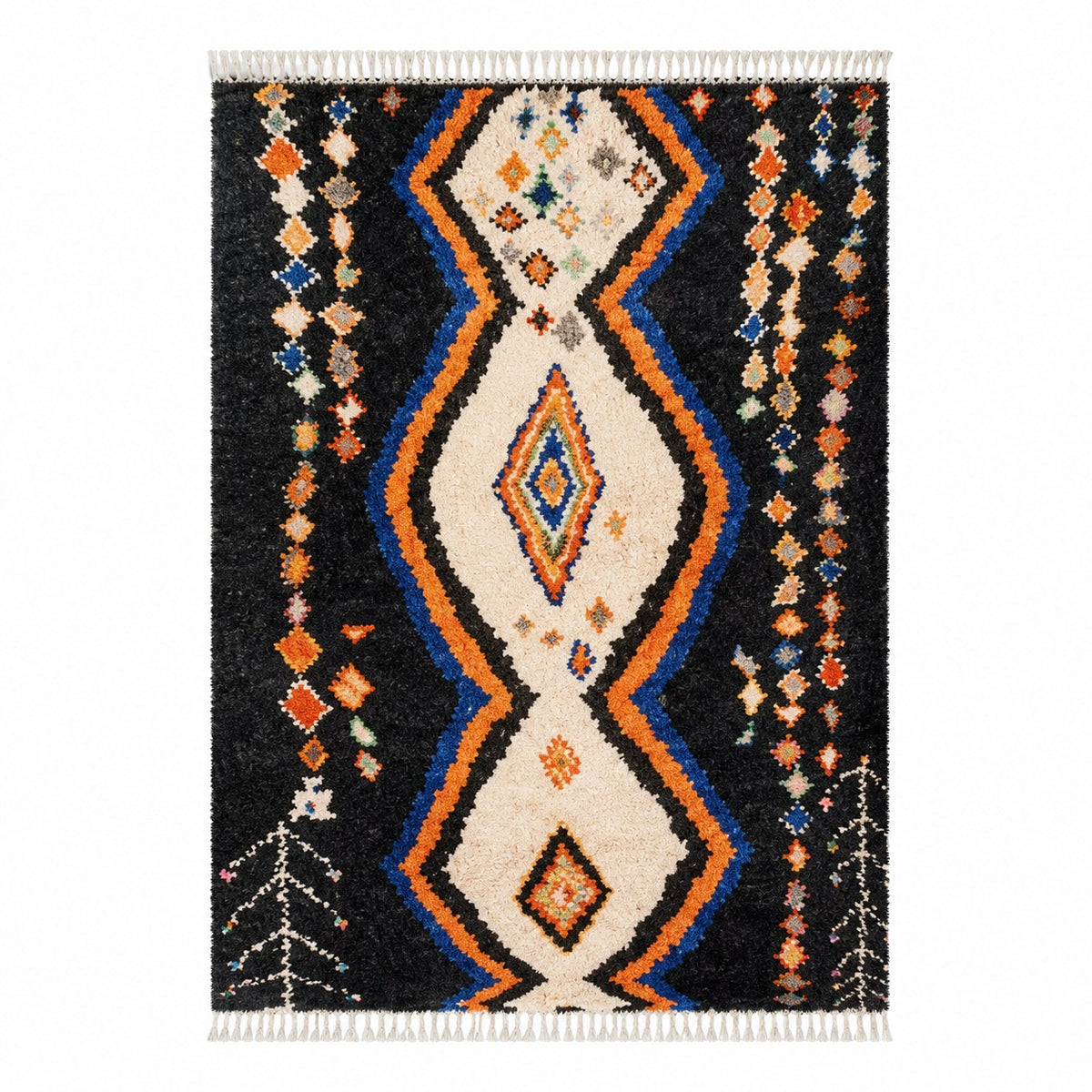 Tapis Berbère Mrirt noir écru orange médaillon zigzag losanges vue de face – Berbère Tapis