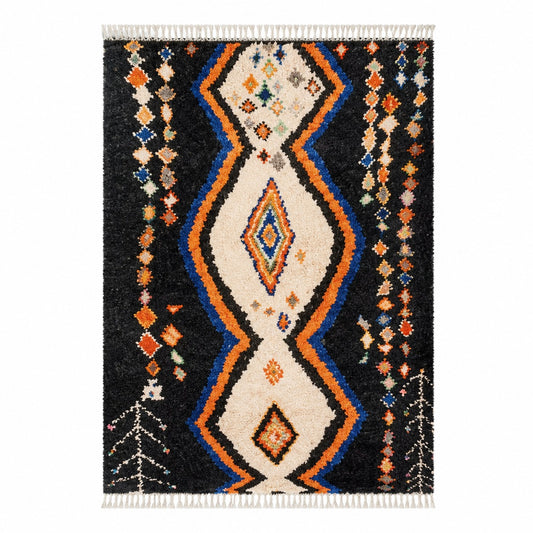 Tapis Berbère Mrirt noir écru orange médaillon zigzag losanges vue de face – Berbère Tapis