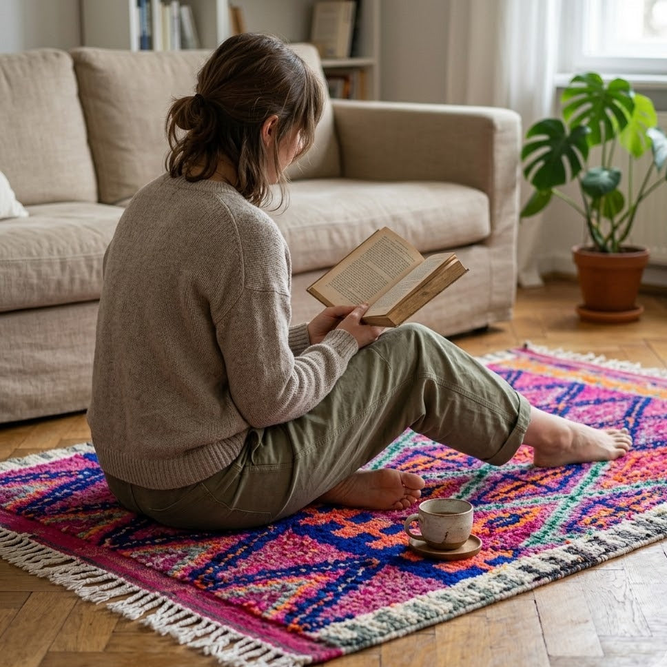 Tapis Berbère Mrirt rose fuchsia losanges à franges ambiance coin lecture – Berbère Tapis