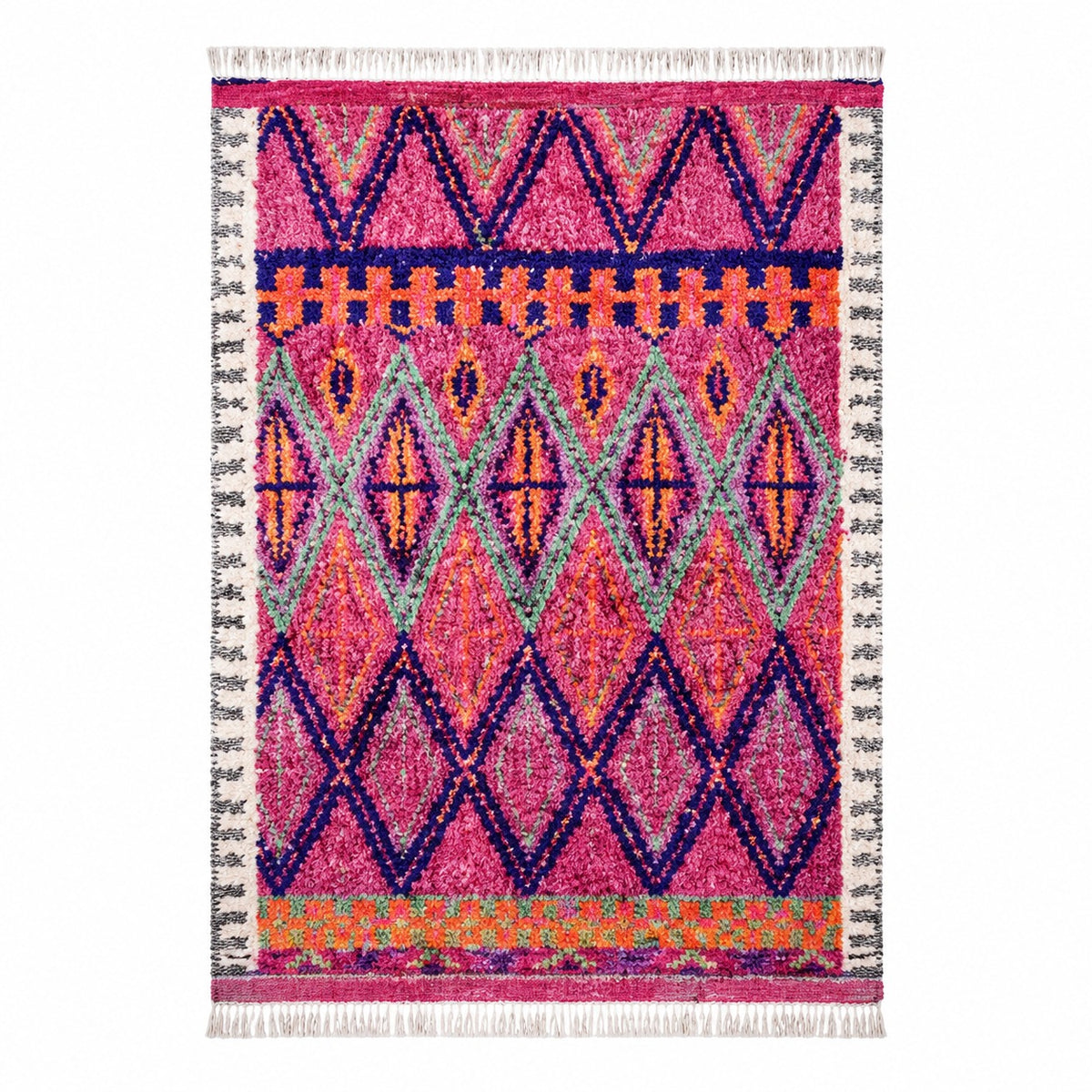 Tapis Berbère Mrirt rose fuchsia motif losanges imbriqués bordure rayée vue de face – Berbère Tapis