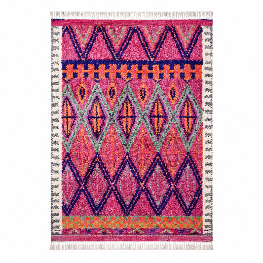 Tapis Berbère Mrirt rose fuchsia motif losanges imbriqués bordure rayée vue de face – Berbère Tapis