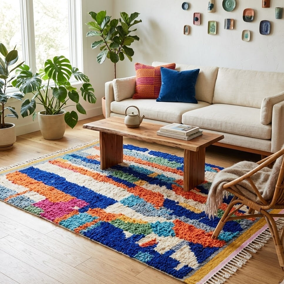 Tapis Berbère Boujad bandes verticales multicolores à franges ambiance salon – Berbère Tapis
