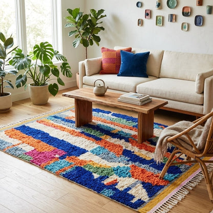Tapis Berbère Boujad bandes verticales multicolores à franges ambiance salon – Berbère Tapis