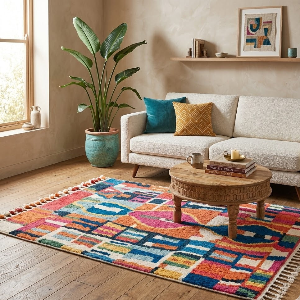 Tapis Boujad multicolore à franges en ambiance salon bohème – Berbère Tapis