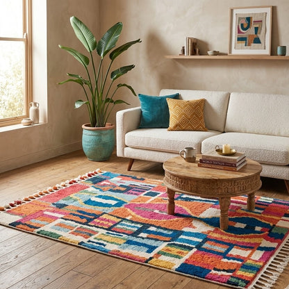 Tapis Boujad multicolore à franges en ambiance salon bohème – Berbère Tapis