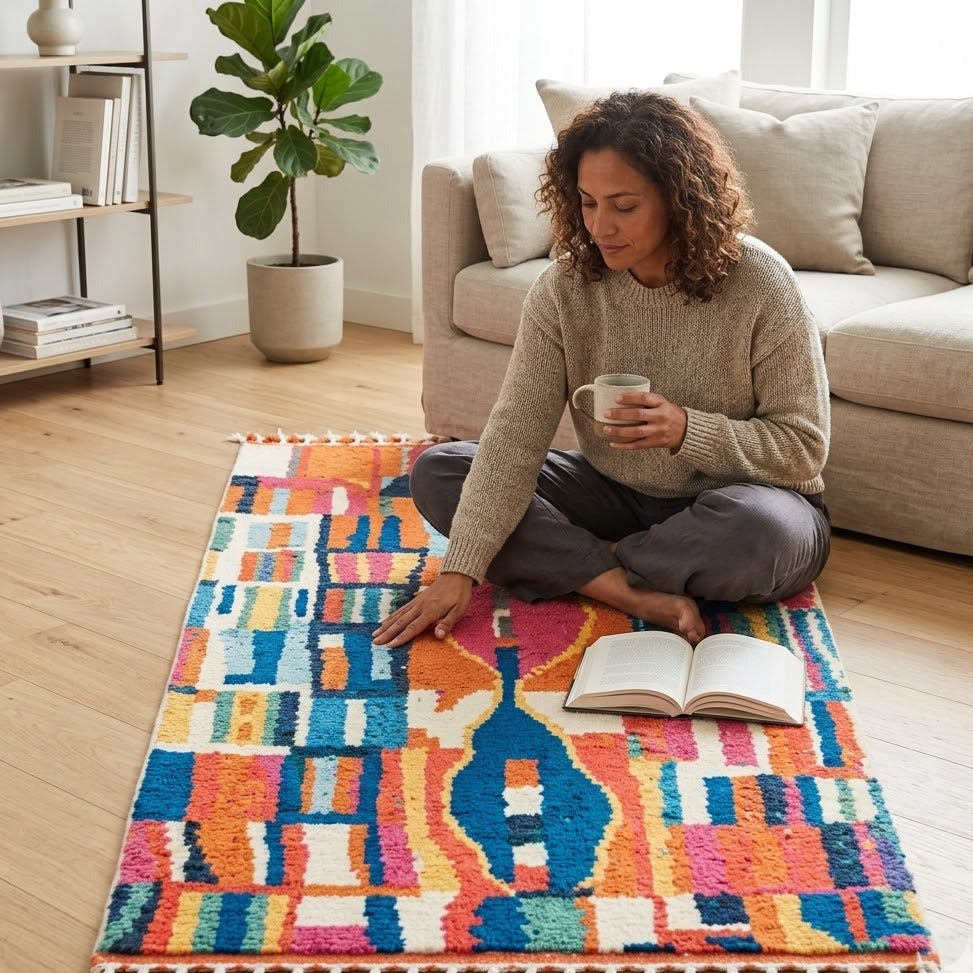 Tapis Boujad multicolore en ambiance coin lecture salon parquet – Berbère Tapis