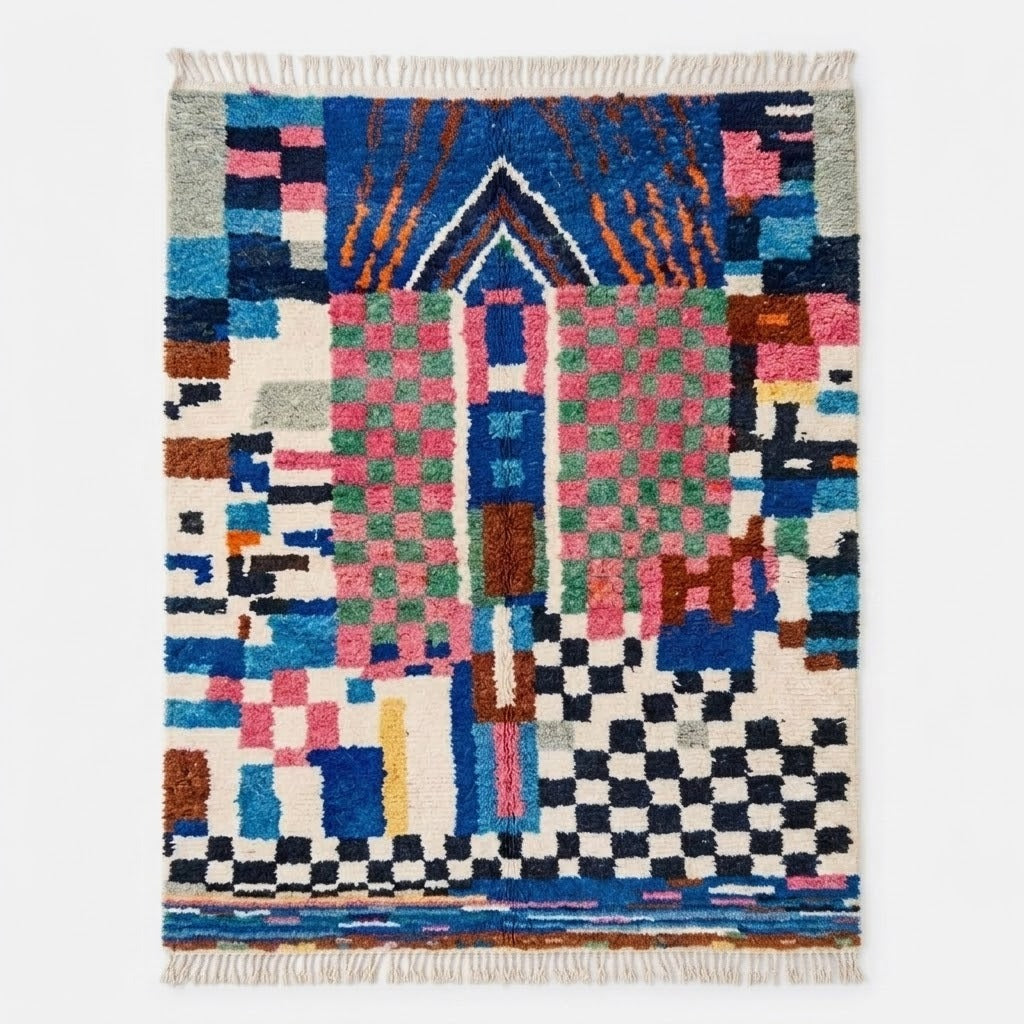Tapis berbère Boujad multicolore composition asymétrique arche damier vue de face – Berbère Tapis