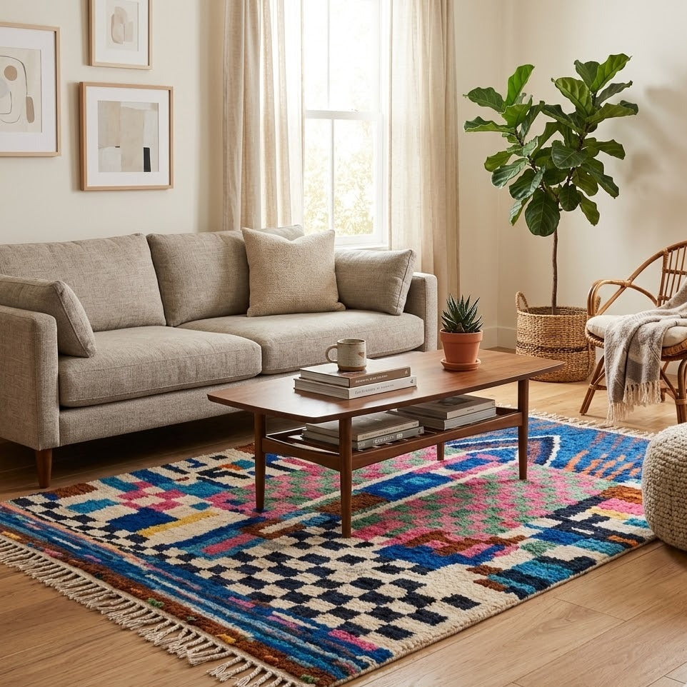 Tapis Boujad multicolore motif abstrait damier à franges en ambiance salon – Berbère Tapis