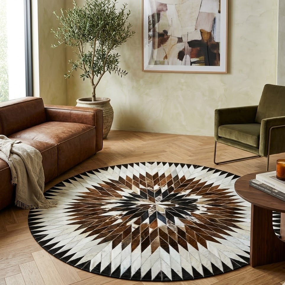 Tapis en Cuir rond patchwork étoile rayonnante blanc marron noir diamètre 100 cm – Berbère Tapis