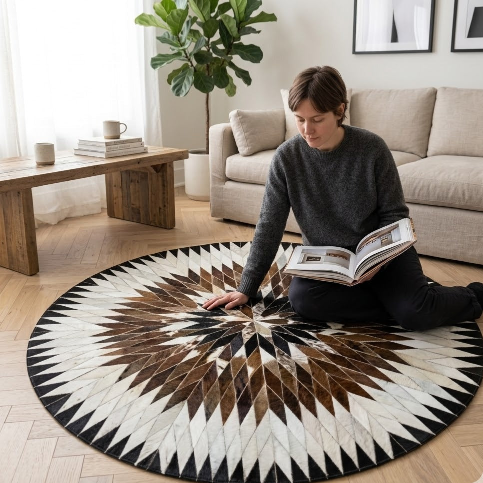 Tapis en Cuir rond patchwork étoile rayonnante blanc marron noir diamètre 120 cm – Berbère Tapis