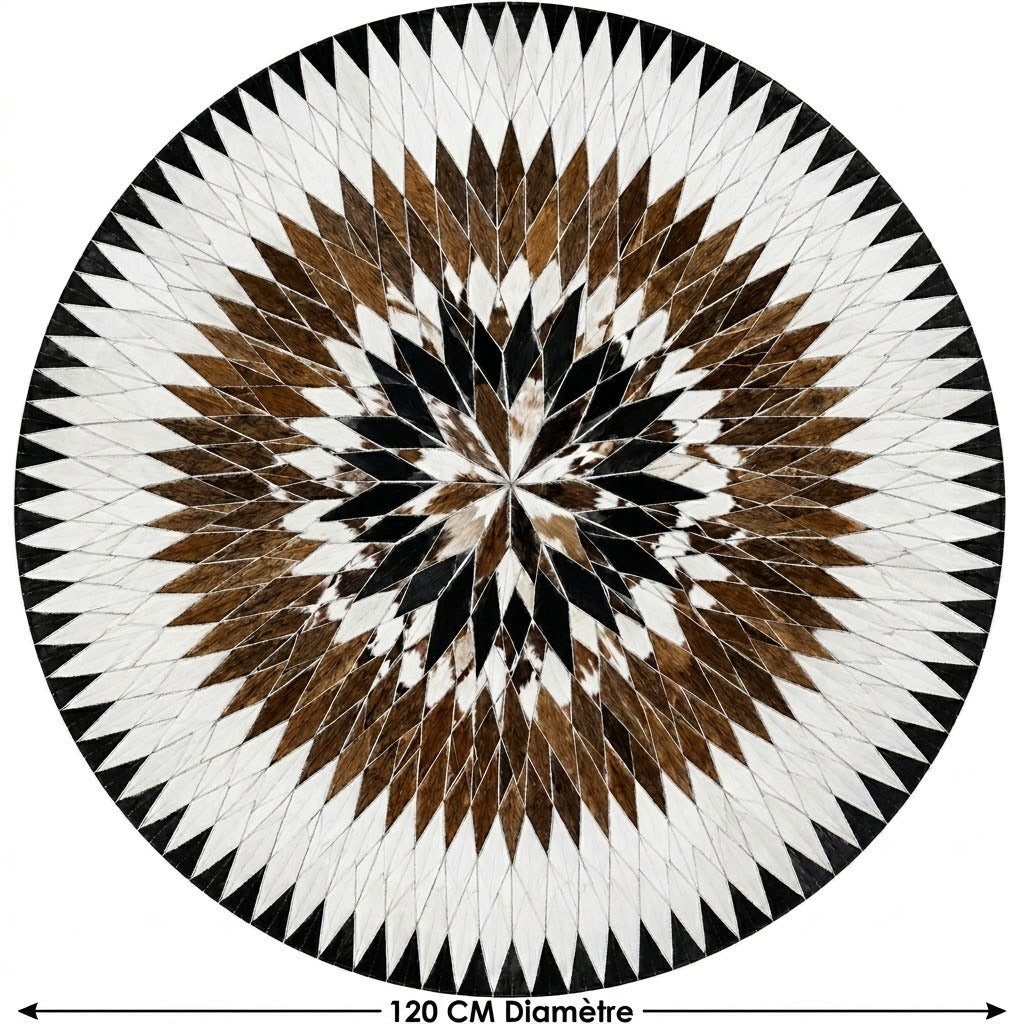 Tapis en Cuir rond étoile rayonnante blanc marron noir ambiance salon parquet – Berbère Tapis