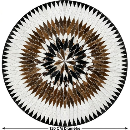 Tapis en Cuir rond étoile rayonnante blanc marron noir ambiance salon parquet – Berbère Tapis