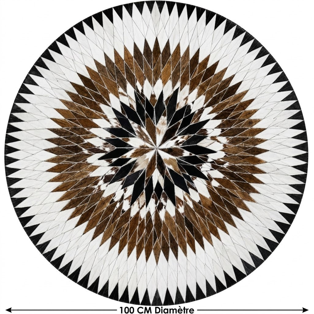 Tapis en Cuir rond étoile concentrique blanc marron noir ambiance salon – Berbère Tapis