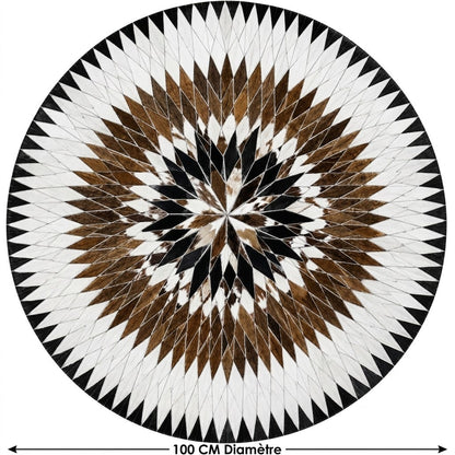 Tapis en Cuir rond étoile concentrique blanc marron noir ambiance salon – Berbère Tapis
