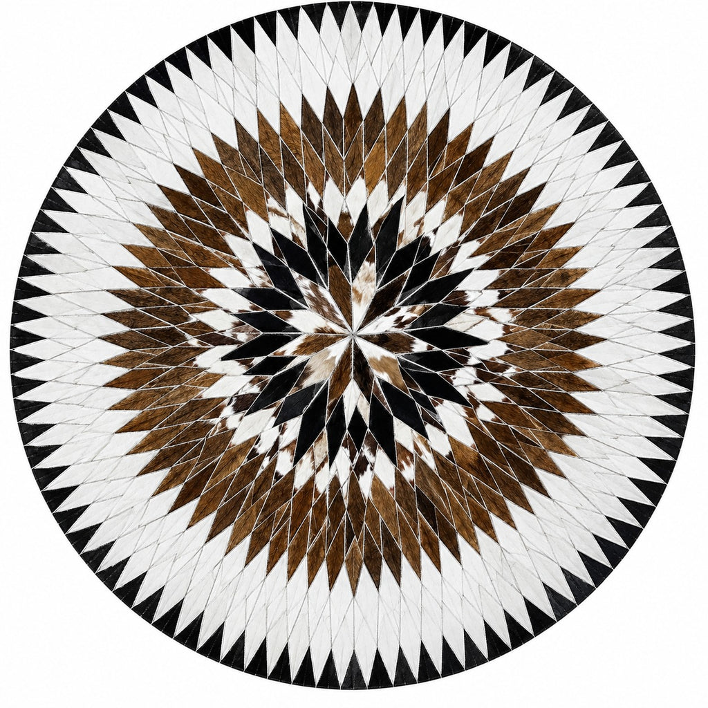 Tapis en Cuir rond patchwork étoile rayonnante blanc marron bringé noir vue de face – Berbère Tapis