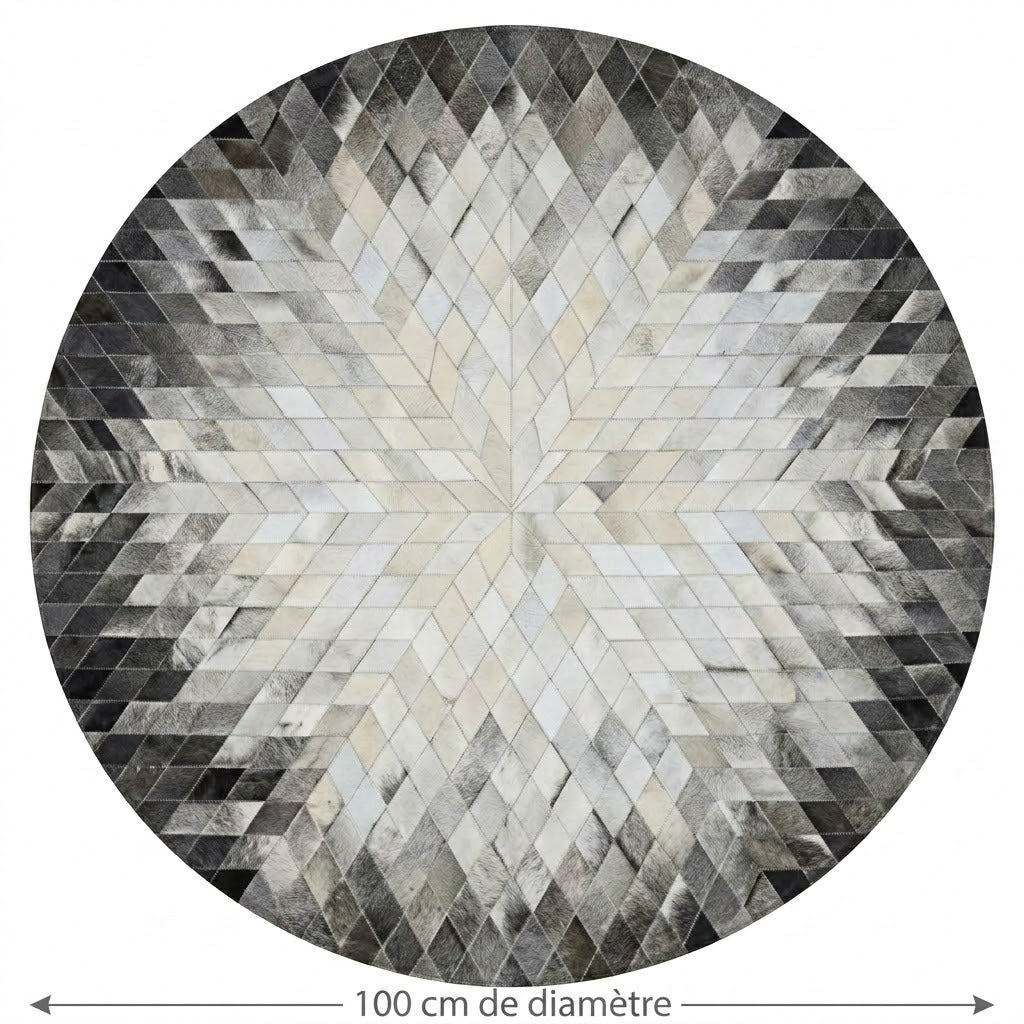 Tapis en Cuir rond patchwork losanges gris 100 cm diamètre vue de face – Berbère Tapis