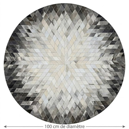 Tapis en Cuir rond patchwork losanges gris 100 cm diamètre vue de face – Berbère Tapis