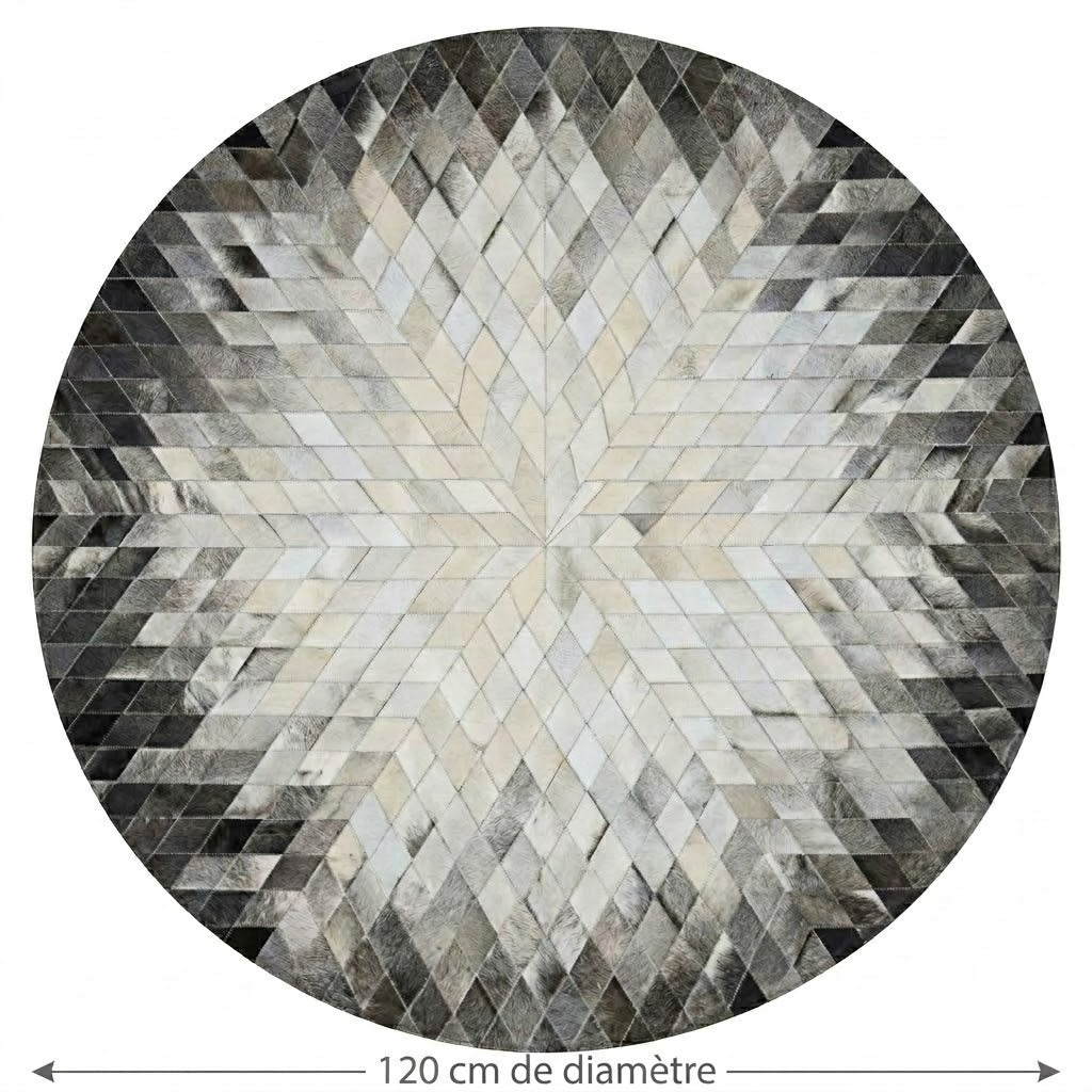 Tapis en Cuir rond patchwork losanges gris 120 cm diamètre vue de face – Berbère Tapis