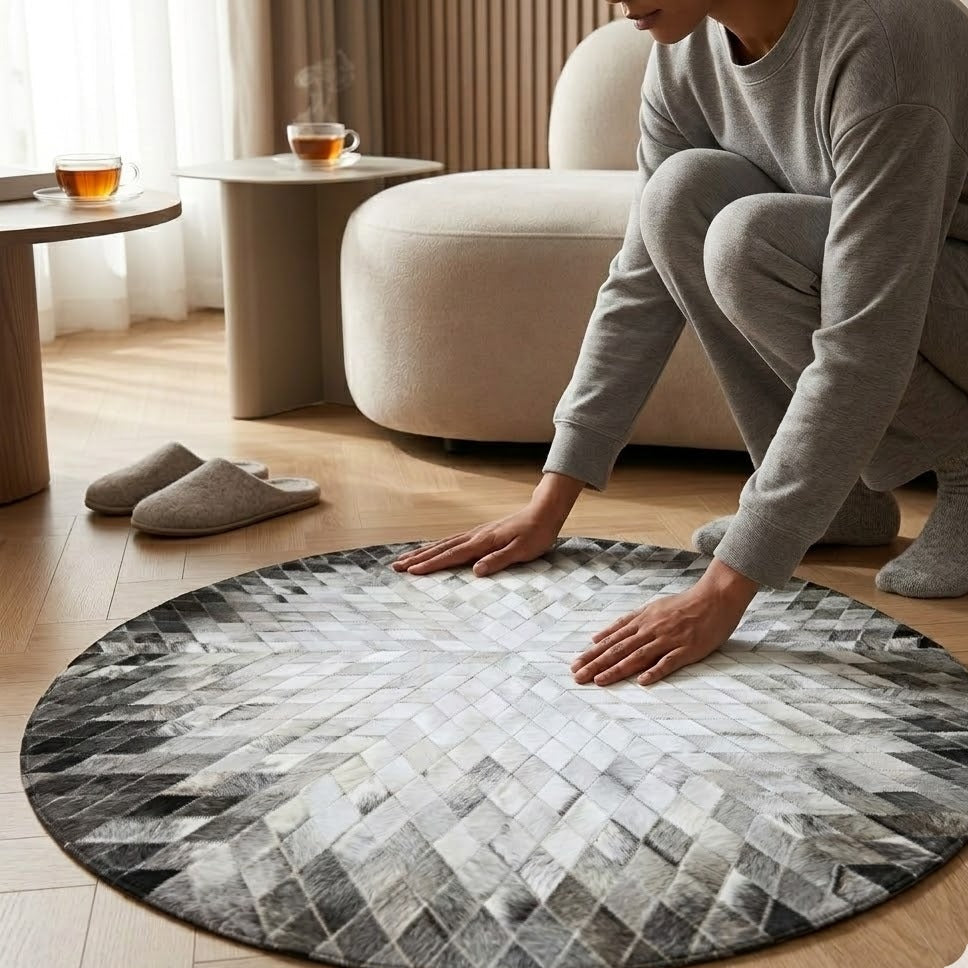 Tapis en Cuir rond patchwork losanges gris ambiance salon parquet – Berbère Tapis