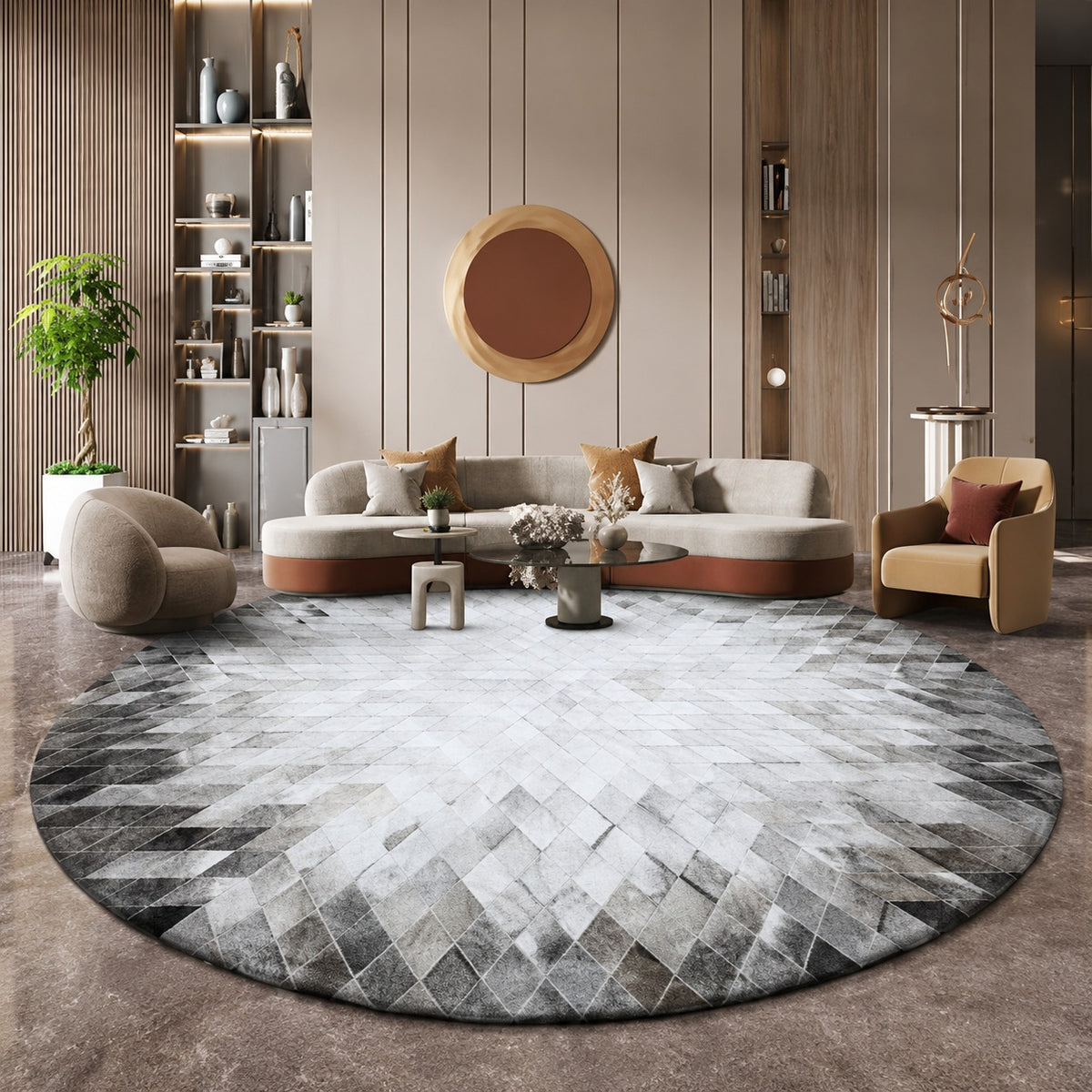 Tapis en Cuir rond patchwork losanges gris blanc géométrique ambiance salon – Berbère Tapis