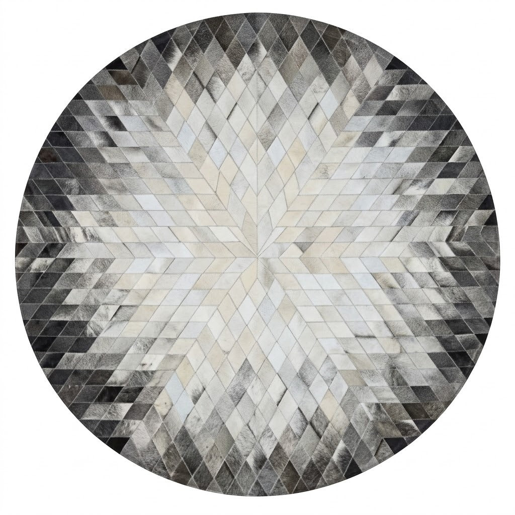 Tapis en Cuir rond patchwork géométrique étoile gris blanc beige vue de face – Berbère Tapis